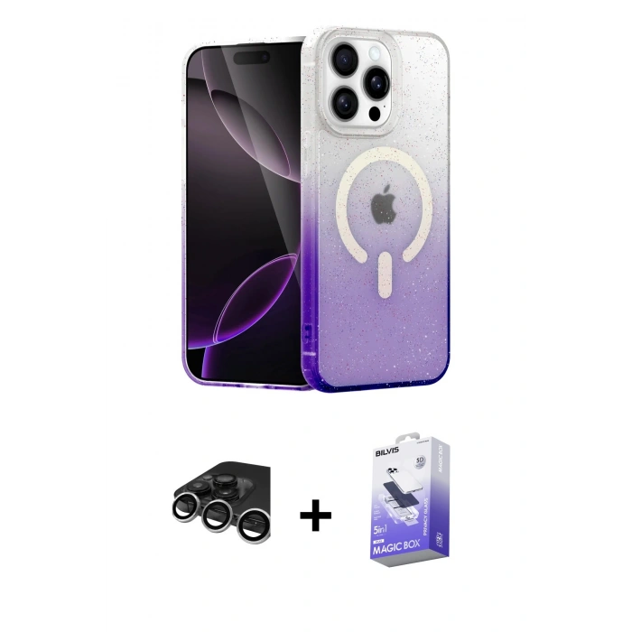 MARSİLYAN™- iPhone 15 Pro Max Kılıf Eksen Minimal Özel Seri - Siyah Bilvis 5in1 5D Magic Hayalet Cam Ekran Koruyucu + Raze Metal Kamera Lens - GS