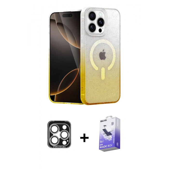 MARSİLYAN™- iPhone 15 Pro Max Kılıf Eksen Minimal Özel Seri - Siyah Bilvis 5in1 5D Magic Hayalet Cam Ekran Koruyucu + PVD Metal Kamera Lens - GS