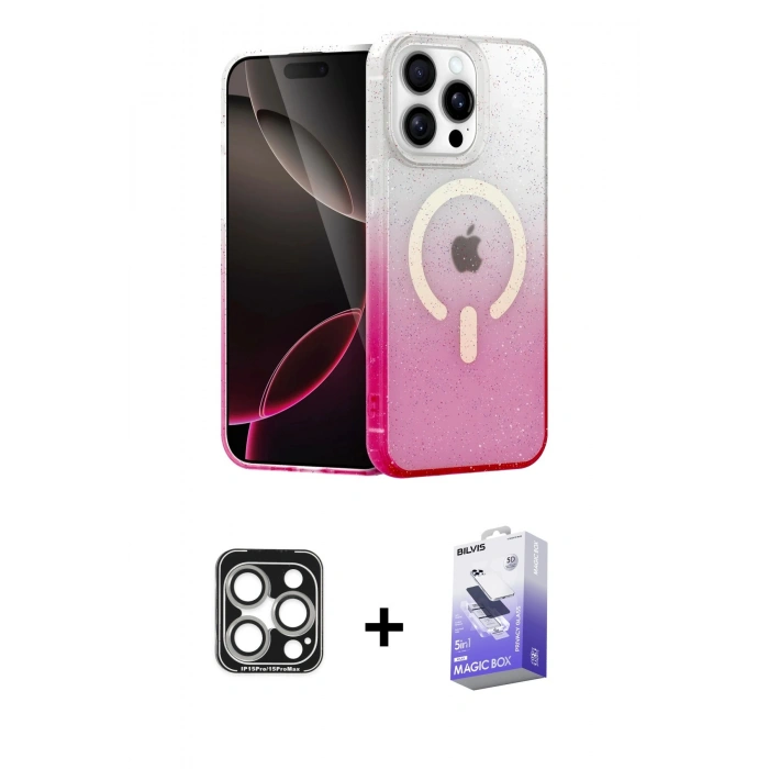 MARSİLYAN™- iPhone 15 Pro Max Kılıf Eksen Minimal Özel Seri - Siyah Bilvis 5in1 5D Magic Hayalet Cam Ekran Koruyucu + PVD Metal Kamera Lens - GS