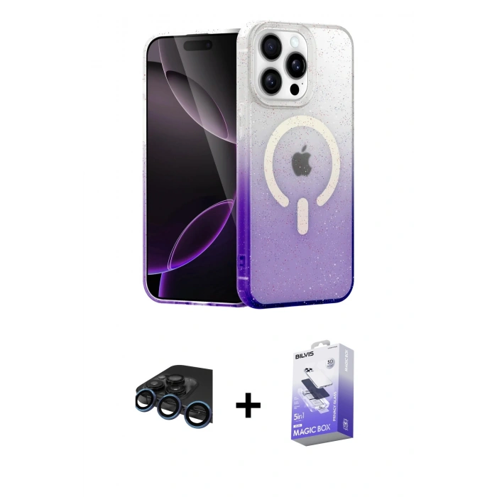 MARSİLYAN™- iPhone 15 Pro Max Kılıf Eksen Minimal Özel Seri - Siyah Bilvis 5in1 5D Magic Hayalet Cam Ekran Koruyucu + Raze Metal Kamera Lens - LT