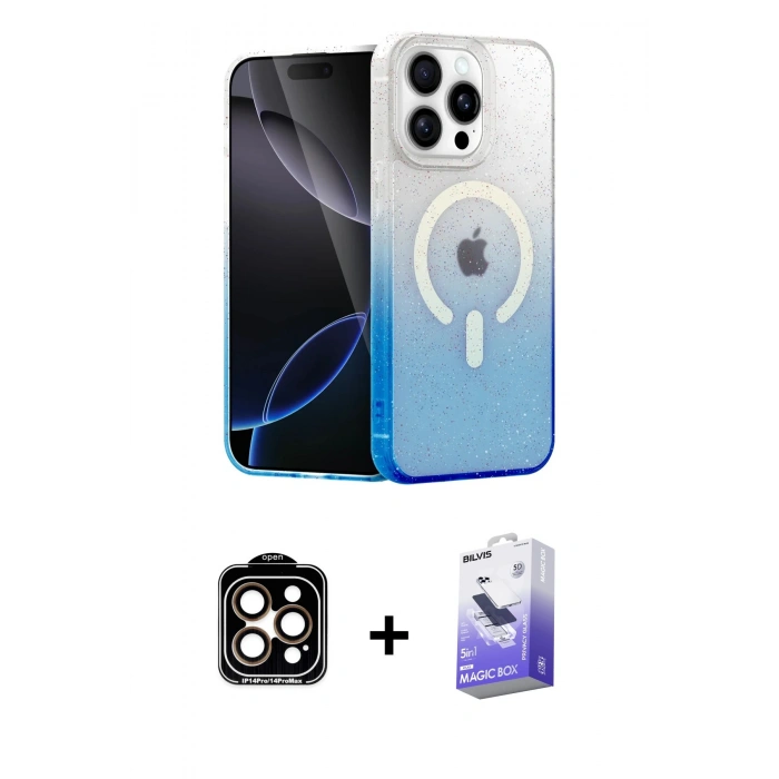 MARSİLYAN™- iPhone 15 Pro Max Kılıf Eksen Minimal Özel Seri - Siyah Bilvis 5in1 5D Magic Hayalet Cam Ekran Koruyucu + PVD Metal Kamera Lens - TU