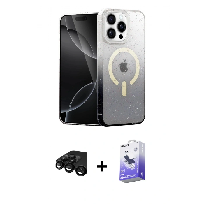 MARSİLYAN™- iPhone 15 Pro Max Kılıf Eksen Minimal Özel Seri - Siyah Bilvis 5in1 5D Magic Hayalet Cam Ekran Koruyucu + Siyah Raze Metal Kamera Lens