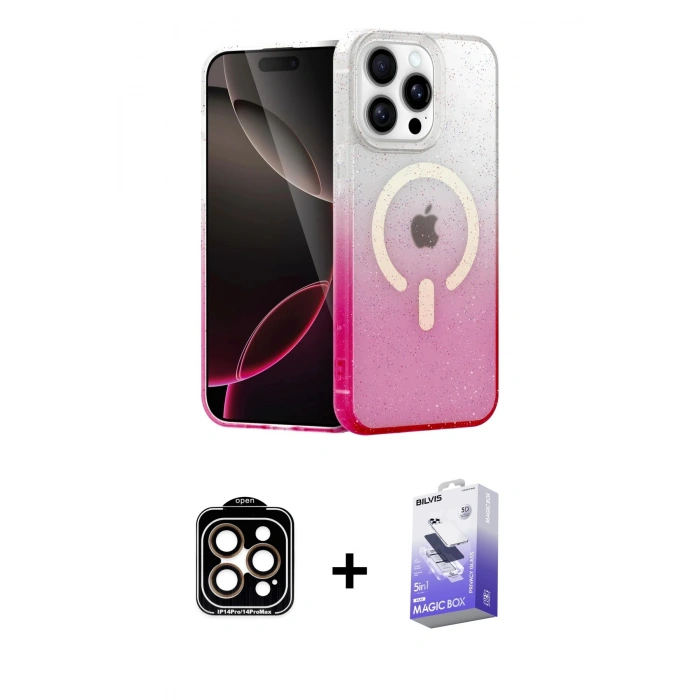 MARSİLYAN™- iPhone 15 Pro Max Kılıf Eksen Minimal Özel Seri - Siyah Bilvis 5in1 5D Magic Hayalet Cam Ekran Koruyucu + PVD Metal Kamera Lens - TU