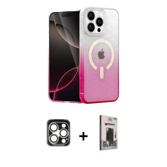 MARSİLYAN™- iPhone 15 Pro Max Kılıf Eksen Minimal Özel Seri - Siyah Bilvis Hayalet Cam Ekran Koruyucu + PVD Metal Kamera Lens - GS