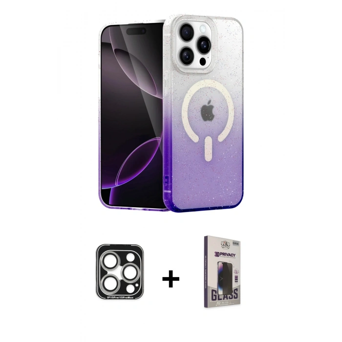 MARSİLYAN™- iPhone 15 Pro Max Kılıf Eksen Minimal Özel Seri - Siyah Bilvis Hayalet Cam Ekran Koruyucu + PVD Metal Kamera Lens - GS