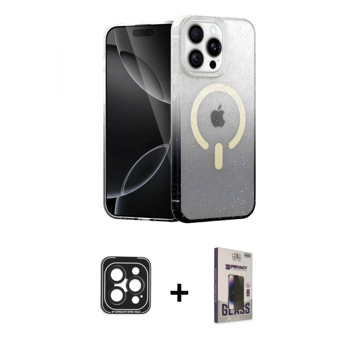MARSİLYAN™- iPhone 15 Pro Max Kılıf Eksen Minimal Özel Seri - Siyah Bilvis Hayalet Cam Ekran Koruyucu + PVD Metal Kamera Lens - SH