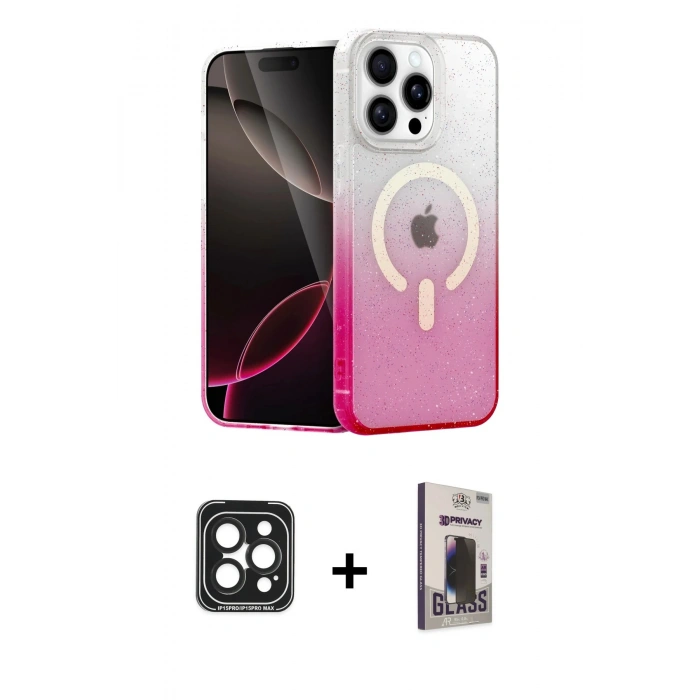 MARSİLYAN™- iPhone 15 Pro Max Kılıf Eksen Minimal Özel Seri - Siyah Bilvis Hayalet Cam Ekran Koruyucu + PVD Metal Kamera Lens - SH