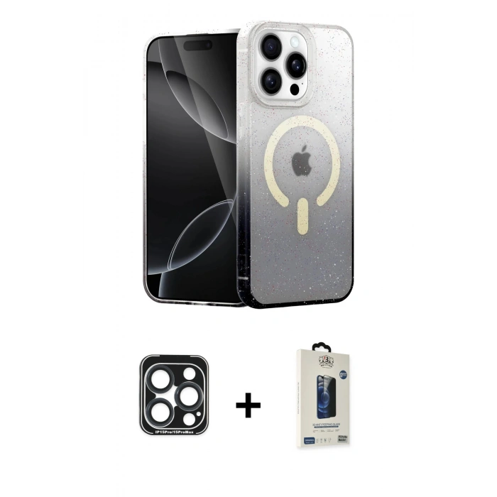 MARSİLYAN™- iPhone 15 Pro Max Kılıf Eksen Minimal Özel Seri - Siyah Bilvis Hayalet Cam Ekran Koruyucu + PVD Metal Kamera Lens - LT