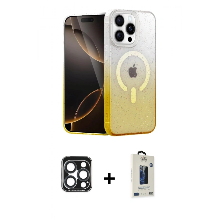 MARSİLYAN™- iPhone 15 Pro Max Kılıf Eksen Minimal Özel Seri - Siyah Bilvis Hayalet Cam Ekran Koruyucu + PVD Metal Kamera Lens - LT