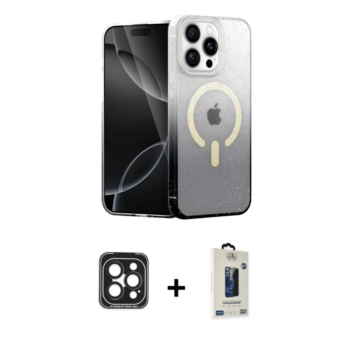 MARSİLYAN™- iPhone 15 Pro Max Kılıf Eksen Minimal Özel Seri - Siyah Bilvis Hayalet Cam Ekran Koruyucu + PVD Metal Kamera Lens - SH