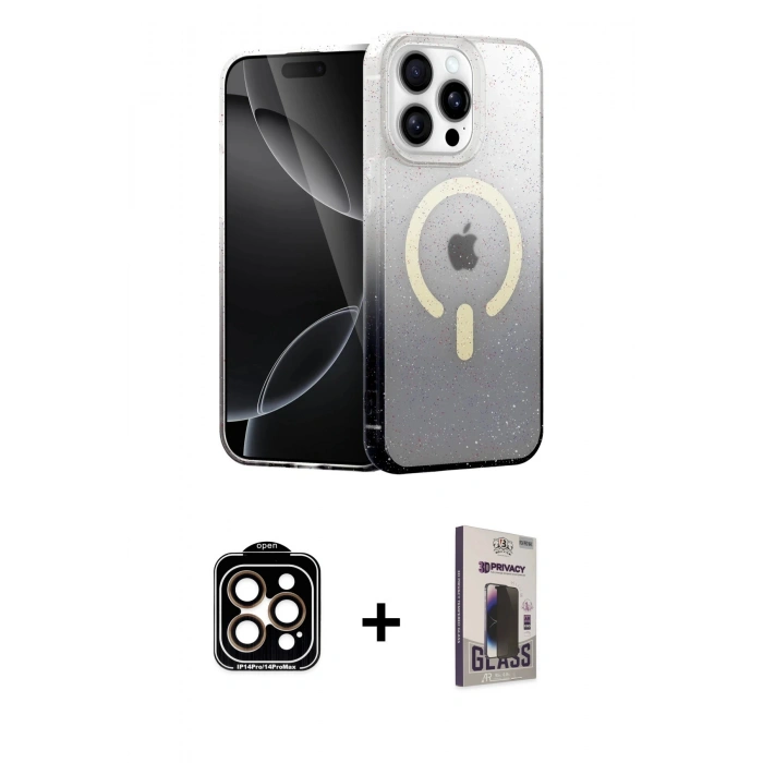 MARSİLYAN™- iPhone 15 Pro Max Kılıf Eksen Minimal Özel Seri - Siyah Bilvis Hayalet Cam Ekran Koruyucu + PVD Metal Kamera Lens - TU