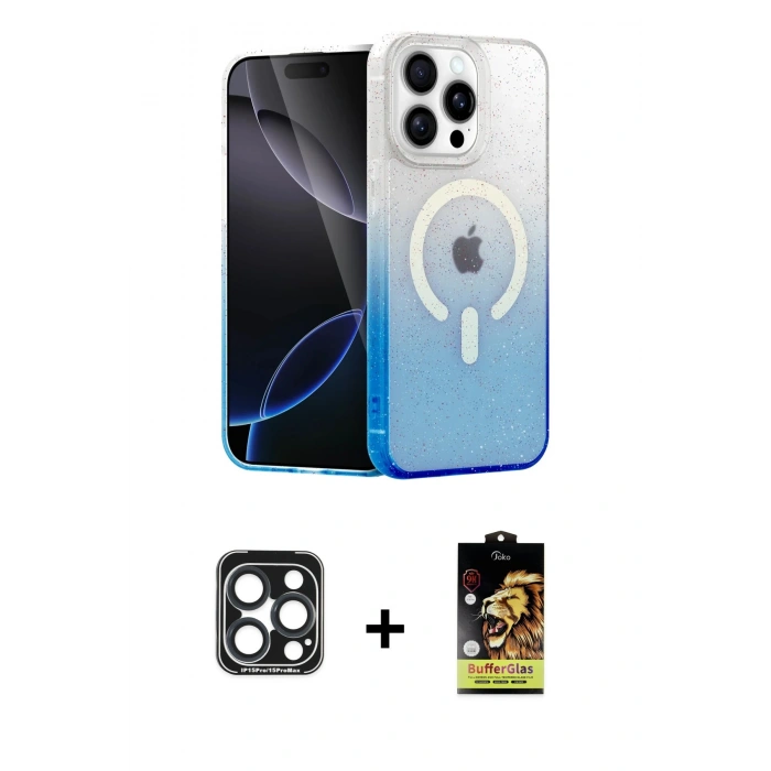MARSİLYAN™- iPhone 15 Pro Max Kılıf Eksen Minimal Özel Seri - Siyah Buffer Cam Ekran Koruyucu + Lacivert PVD Metal Kamera Lens