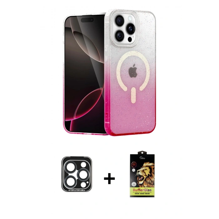 MARSİLYAN™- iPhone 15 Pro Max Kılıf Eksen Minimal Özel Seri - Siyah Buffer Cam Ekran Koruyucu + Lacivert PVD Metal Kamera Lens