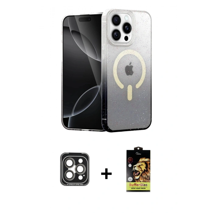 MARSİLYAN™- iPhone 15 Pro Max Kılıf Eksen Minimal Özel Seri - Siyah Buffer Cam Ekran Koruyucu + PVD Metal Kamera Lens - GI