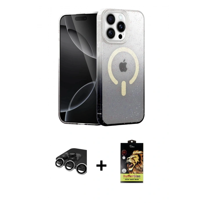 MARSİLYAN™- iPhone 15 Pro Max Kılıf Eksen Minimal Özel Seri - Siyah Buffer Cam Ekran Koruyucu + Raze Metal Kamera Lens - GS