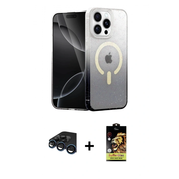 MARSİLYAN™- iPhone 15 Pro Max Kılıf Eksen Minimal Özel Seri - Siyah Buffer Cam Ekran Koruyucu + Raze Metal Kamera Lens - LT