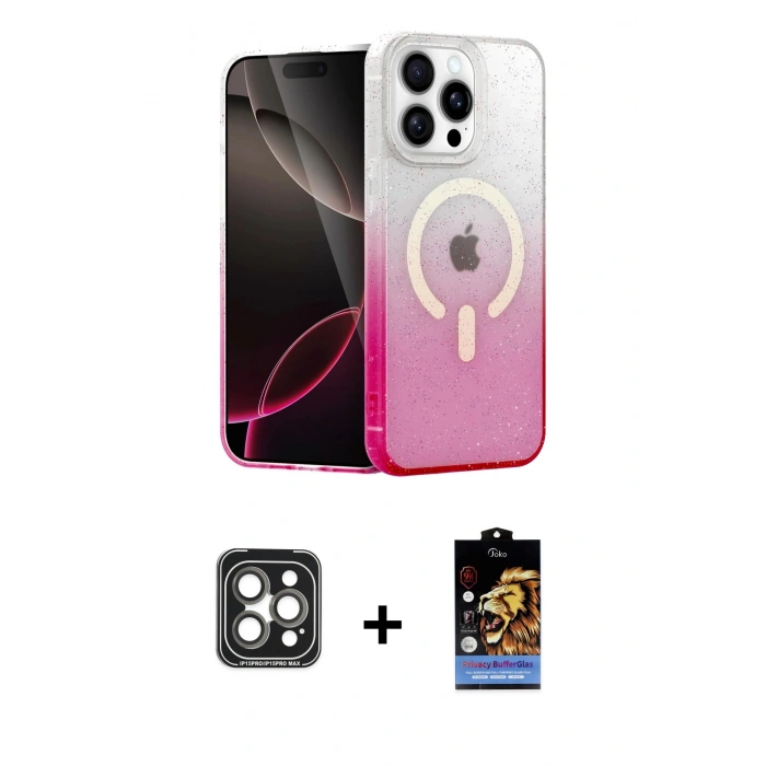 MARSİLYAN™- iPhone 15 Pro Max Kılıf Eksen Minimal Özel Seri - Siyah Buffer Hayalet Cam Ekran Koruyucu + PVD Metal Kamera Lens - GI