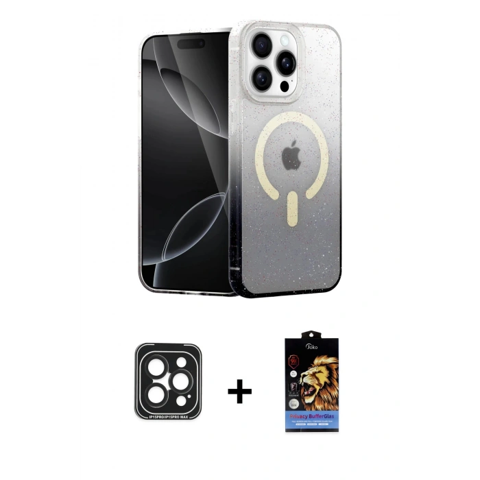 MARSİLYAN™- iPhone 15 Pro Max Kılıf Eksen Minimal Özel Seri - Siyah Buffer Hayalet Cam Ekran Koruyucu + PVD Metal Kamera Lens - SH