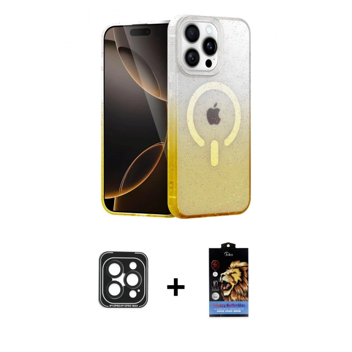 MARSİLYAN™- iPhone 15 Pro Max Kılıf Eksen Minimal Özel Seri - Siyah Buffer Hayalet Cam Ekran Koruyucu + PVD Metal Kamera Lens - SH
