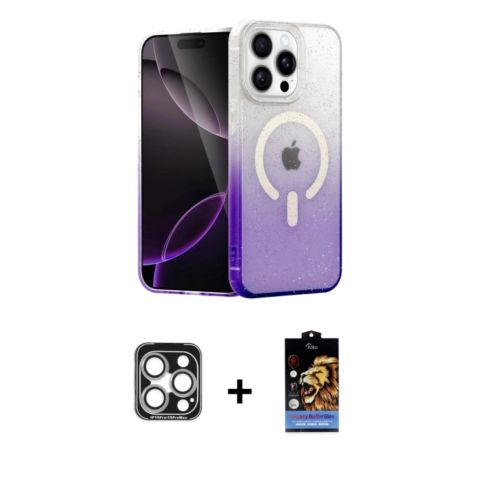 MARSİLYAN™- iPhone 15 Pro Max Kılıf Eksen Minimal Özel Seri - Siyah Buffer Hayalet Cam Ekran Koruyucu + PVD Metal Kamera Lens - GS