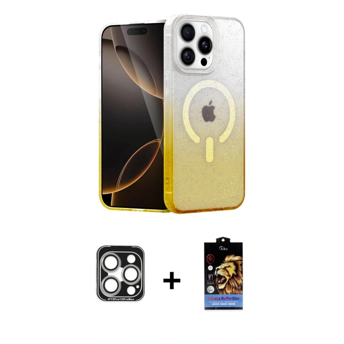 MARSİLYAN™- iPhone 15 Pro Max Kılıf Eksen Minimal Özel Seri - Siyah Buffer Hayalet Cam Ekran Koruyucu + PVD Metal Kamera Lens - GS