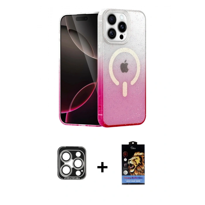 MARSİLYAN™- iPhone 15 Pro Max Kılıf Eksen Minimal Özel Seri - Siyah Buffer Hayalet Cam Ekran Koruyucu + PVD Metal Kamera Lens - GS