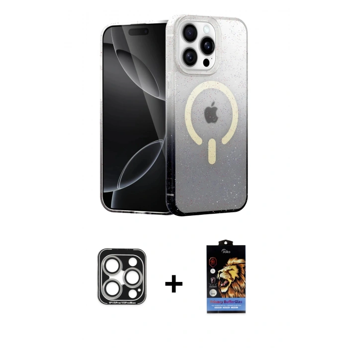 MARSİLYAN™- iPhone 15 Pro Max Kılıf Eksen Minimal Özel Seri - Siyah Buffer Hayalet Cam Ekran Koruyucu + PVD Metal Kamera Lens - GS