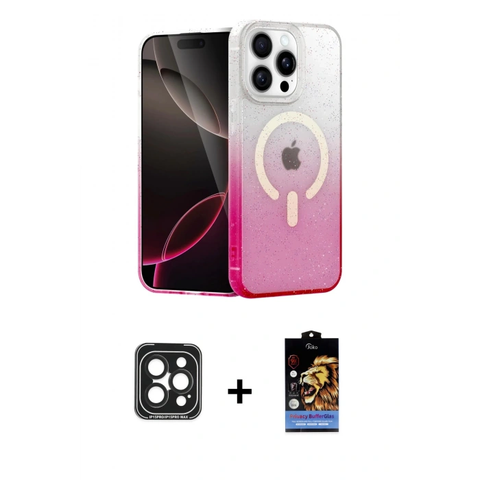 MARSİLYAN™- iPhone 15 Pro Max Kılıf Eksen Minimal Özel Seri - Siyah Buffer Hayalet Cam Ekran Koruyucu + PVD Metal Kamera Lens - SH