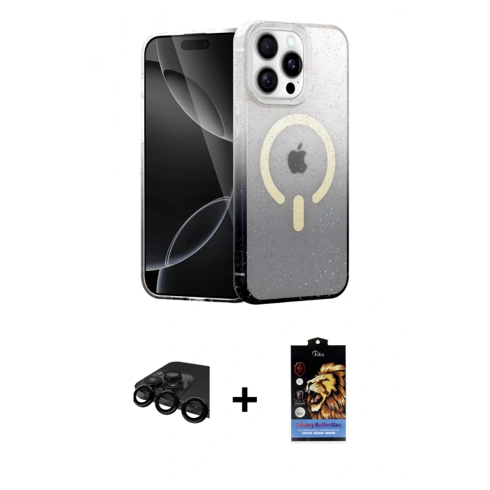 MARSİLYAN™- iPhone 15 Pro Max Kılıf Eksen Minimal Özel Seri - Siyah Buffer Hayalet Cam Ekran Koruyucu + Raze Metal Kamera Lens - SH