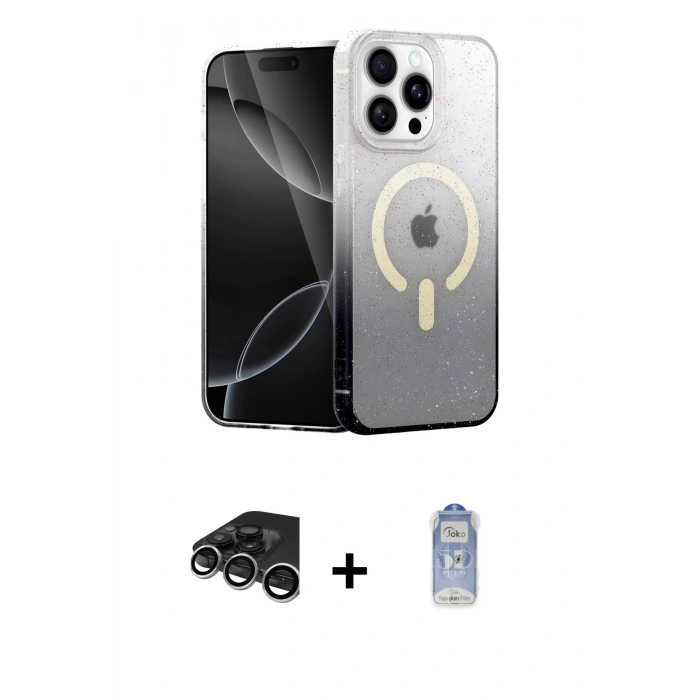 MARSİLYAN™- iPhone 15 Pro Max Kılıf Eksen Minimal Özel Seri - Siyah Joko Magic 5D Cam + Gümüş Raze Metal Kamera Lens