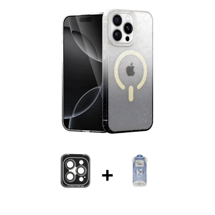 MARSİLYAN™- iPhone 15 Pro Max Kılıf Eksen Minimal Özel Seri - Siyah Joko Magic 5D Cam + PVD Metal Kamera Lens - GI