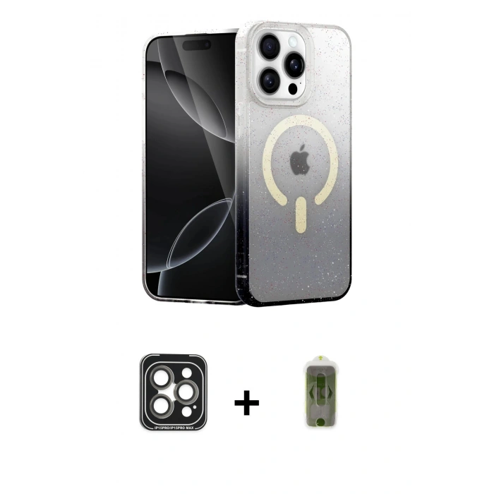 MARSİLYAN™- iPhone 15 Pro Max Kılıf Eksen Minimal Özel Seri - Siyah Joko Magic 5D Hayalet Cam + PVD Metal Kamera Lens - GI