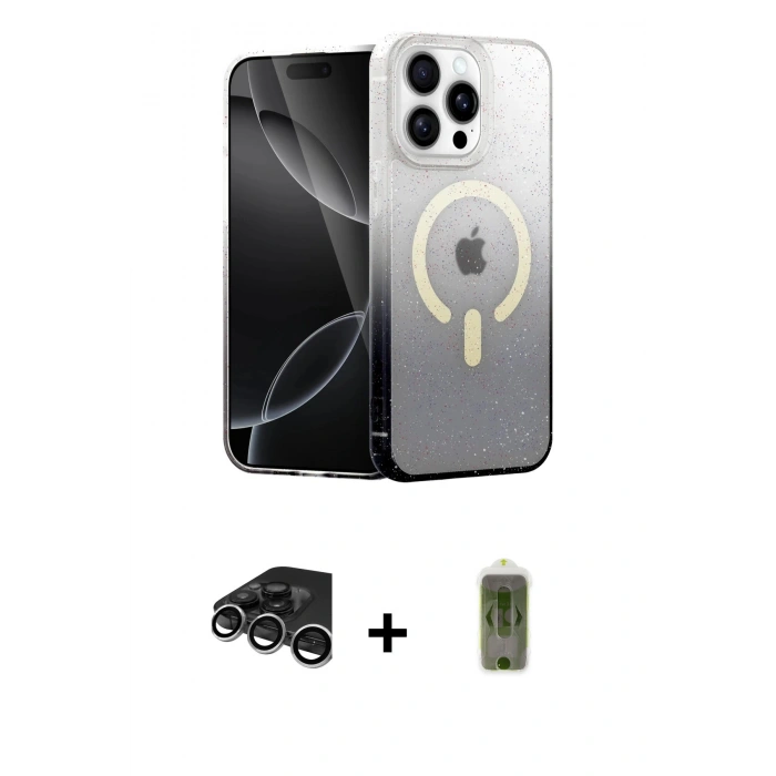 MARSİLYAN™- iPhone 15 Pro Max Kılıf Eksen Minimal Özel Seri - Siyah Joko Magic 5D Hayalet Cam + Gümüş Raze Metal Kamera Lens