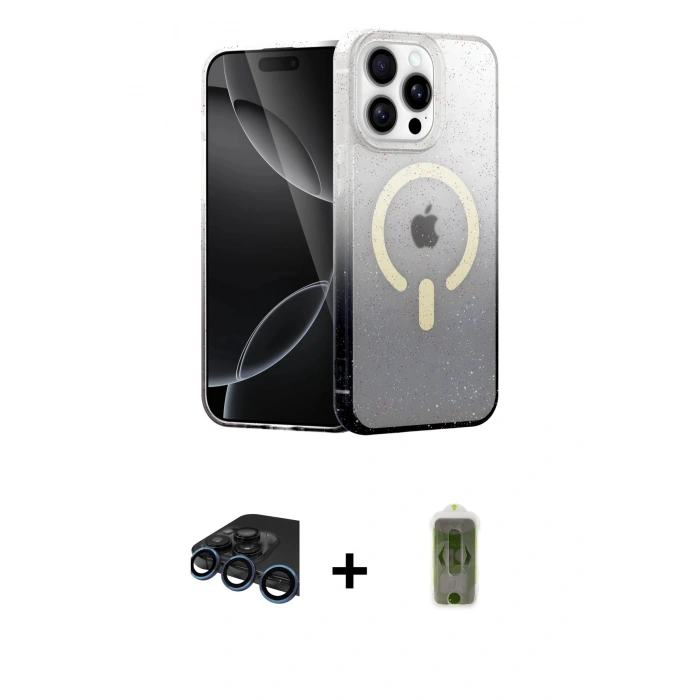 MARSİLYAN™- iPhone 15 Pro Max Kılıf Eksen Minimal Özel Seri - Siyah Joko Magic 5D Hayalet Cam + Lacivert Raze Metal Kamera Lens