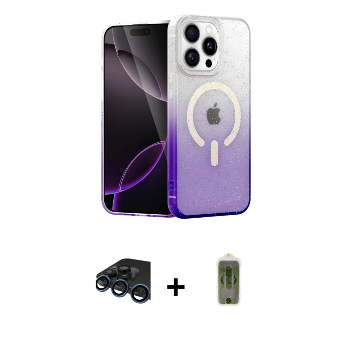 MARSİLYAN™- iPhone 15 Pro Max Kılıf Eksen Minimal Özel Seri - Siyah Joko Magic 5D Hayalet Cam + Lacivert Raze Metal Kamera Lens