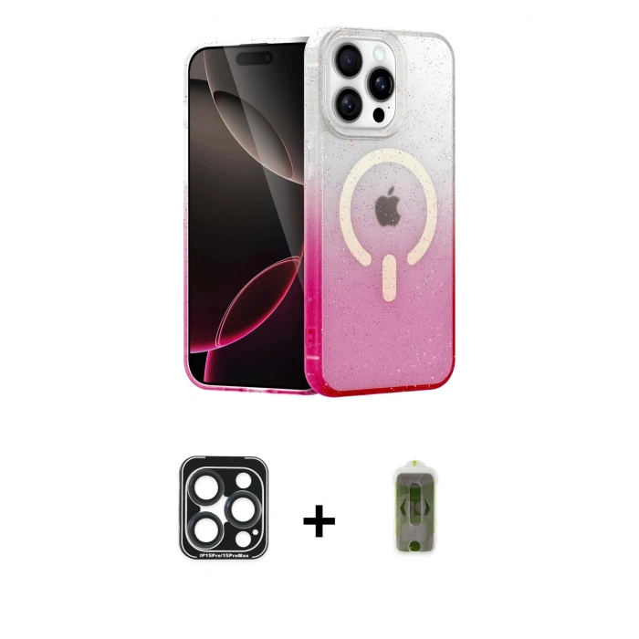 MARSİLYAN™- iPhone 15 Pro Max Kılıf Eksen Minimal Özel Seri - Siyah Joko Magic 5D Hayalet Cam + PVD Metal Kamera Lens - LT