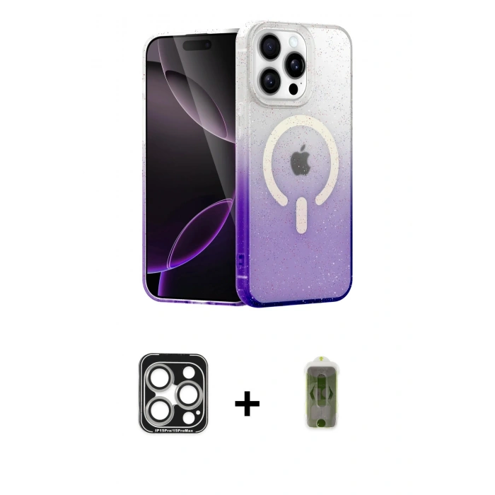 MARSİLYAN™- iPhone 15 Pro Max Kılıf Eksen Minimal Özel Seri - Siyah Joko Magic 5D Hayalet Cam + PVD Metal Kamera Lens - GS