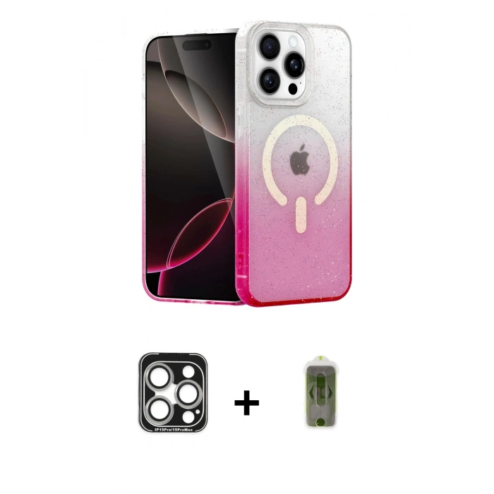 MARSİLYAN™- iPhone 15 Pro Max Kılıf Eksen Minimal Özel Seri - Siyah Joko Magic 5D Hayalet Cam + PVD Metal Kamera Lens - GS