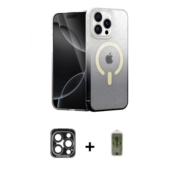 MARSİLYAN™- iPhone 15 Pro Max Kılıf Eksen Minimal Özel Seri - Siyah Joko Magic 5D Hayalet Cam + PVD Metal Kamera Lens - LT