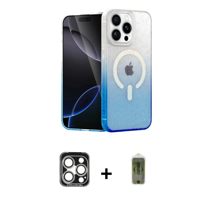 MARSİLYAN™- iPhone 15 Pro Max Kılıf Eksen Minimal Özel Seri - Siyah Joko Magic 5D Hayalet Cam + PVD Metal Kamera Lens - GS