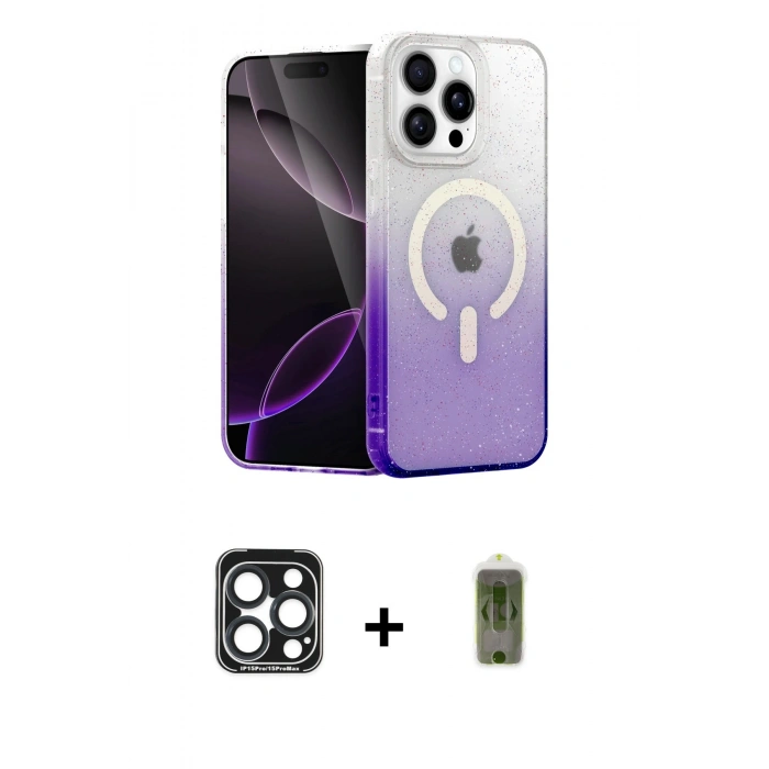 MARSİLYAN™- iPhone 15 Pro Max Kılıf Eksen Minimal Özel Seri - Siyah Joko Magic 5D Hayalet Cam + PVD Metal Kamera Lens - LT
