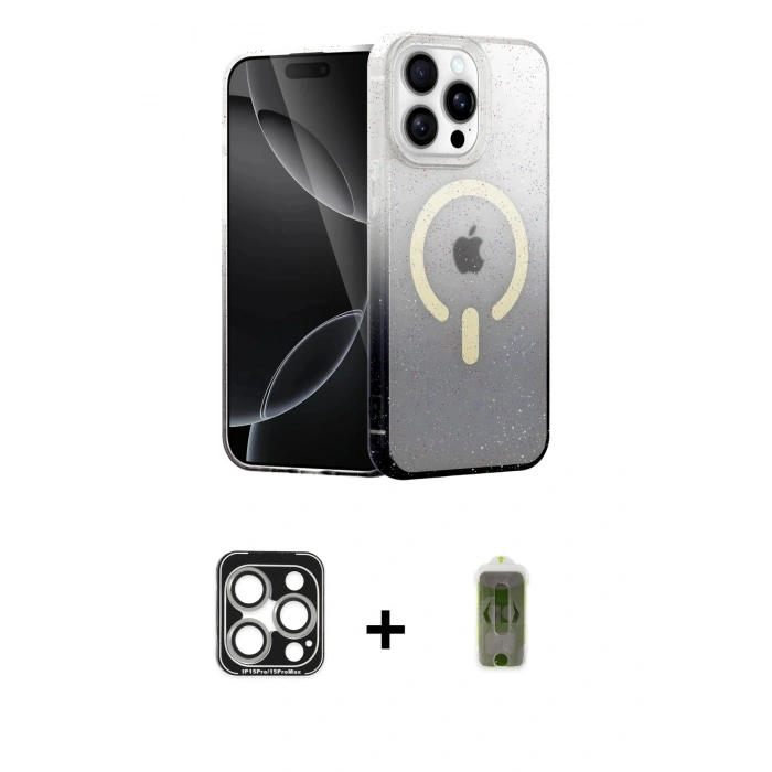 MARSİLYAN™- iPhone 15 Pro Max Kılıf Eksen Minimal Özel Seri - Siyah Joko Magic 5D Hayalet Cam + PVD Metal Kamera Lens - GS