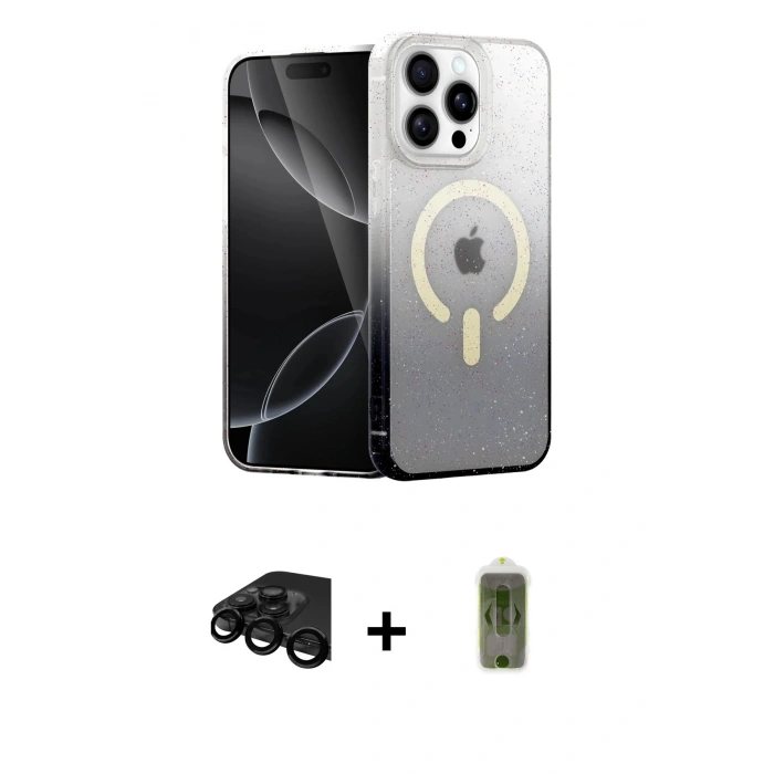MARSİLYAN™- iPhone 15 Pro Max Kılıf Eksen Minimal Özel Seri - Siyah Joko Magic 5D Hayalet Cam + Raze Metal Kamera Lens - SH