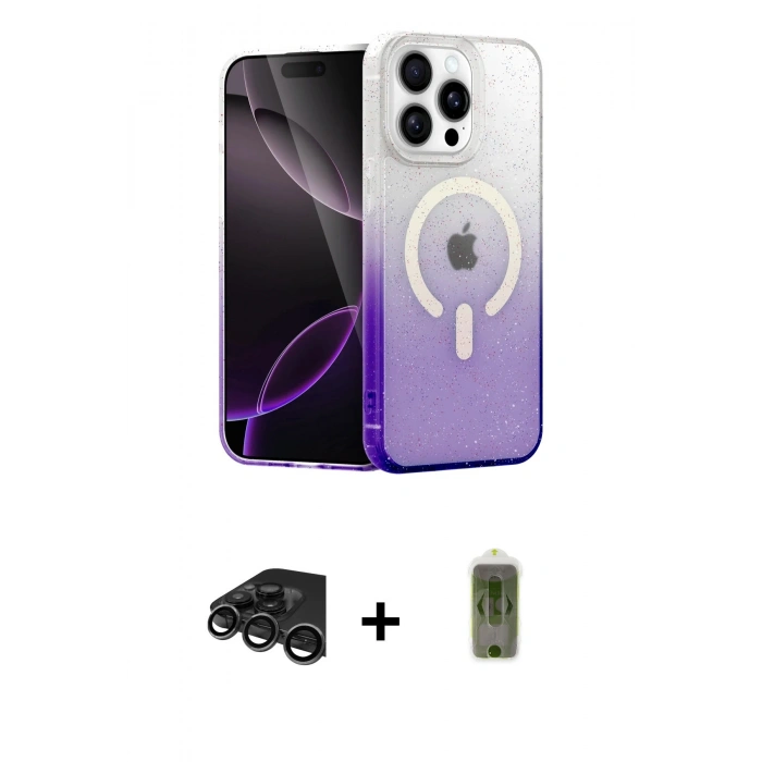 MARSİLYAN™- iPhone 15 Pro Max Kılıf Eksen Minimal Özel Seri - Siyah Joko Magic 5D Hayalet Cam + Raze Metal Kamera Lens - TMGI
