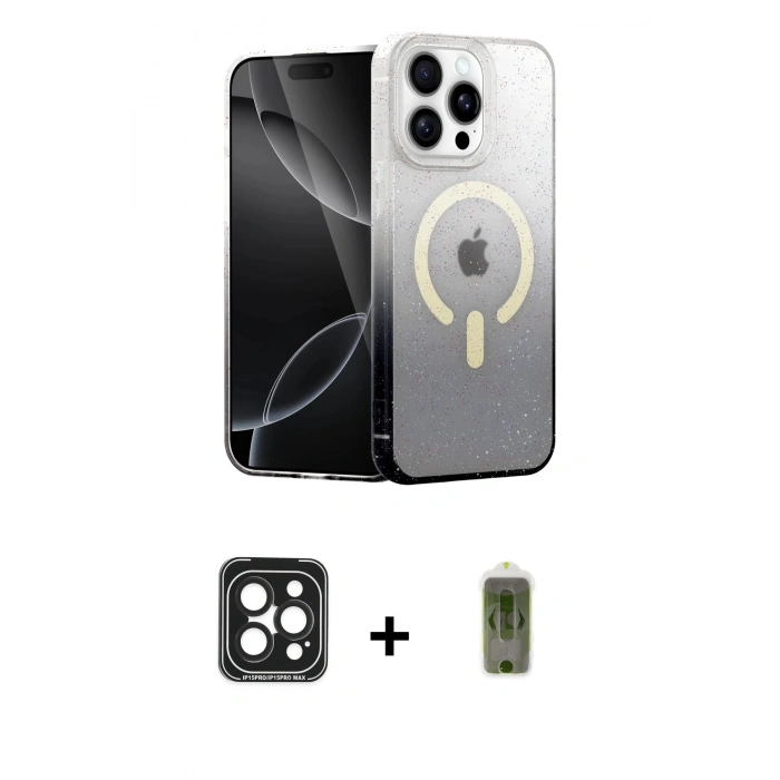 MARSİLYAN™- iPhone 15 Pro Max Kılıf Eksen Minimal Özel Seri - Siyah Joko Magic 5D Hayalet Cam + Siyah PVD Metal Kamera Lens