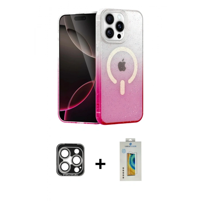 MARSİLYAN™- iPhone 15 Pro Max Kılıf Eksen Minimal Özel Seri - Siyah Polymer Nano Ekran Koruyucu + PVD Metal Kamera Lens - GS