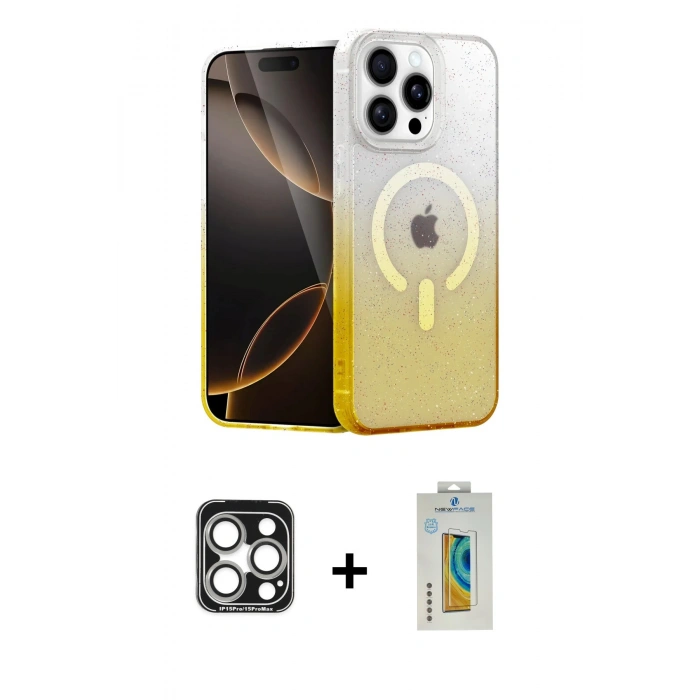 MARSİLYAN™- iPhone 15 Pro Max Kılıf Eksen Minimal Özel Seri - Siyah Polymer Nano Ekran Koruyucu + PVD Metal Kamera Lens - GS