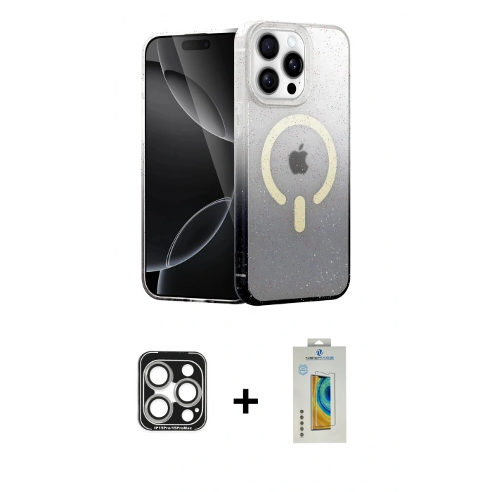 MARSİLYAN™- iPhone 15 Pro Max Kılıf Eksen Minimal Özel Seri - Siyah Polymer Nano Ekran Koruyucu + PVD Metal Kamera Lens - GS