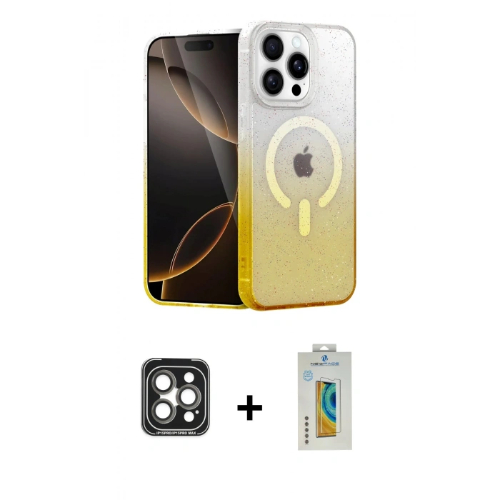 MARSİLYAN™- iPhone 15 Pro Max Kılıf Eksen Minimal Özel Seri - Siyah Polymer Nano Ekran Koruyucu + PVD Metal Kamera Lens - GI