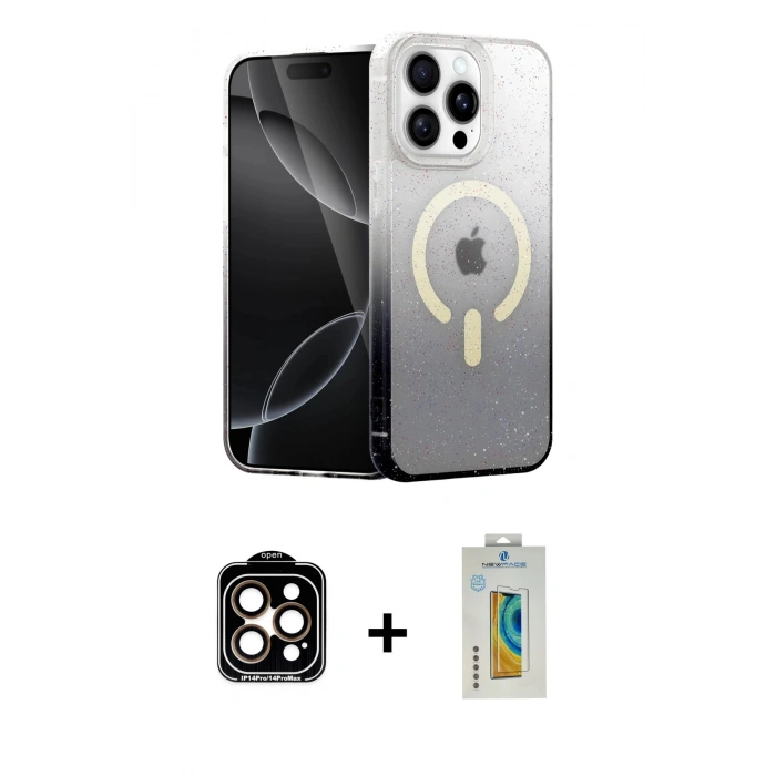 MARSİLYAN™- iPhone 15 Pro Max Kılıf Eksen Minimal Özel Seri - Siyah Polymer Nano Ekran Koruyucu + PVD Metal Kamera Lens - TU